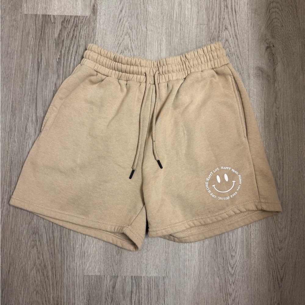 Beige Women's Athletic Shorts with Smiley Design